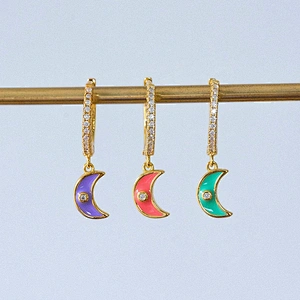 Brass Drop Enamel Moon Shape Zirconia Earring Jewelry