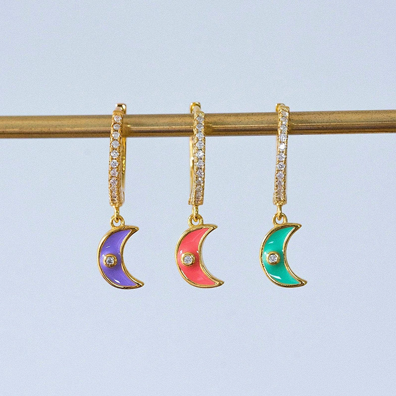 Brass Drop Enamel Moon Shape Zirconia Earring Jewelry
