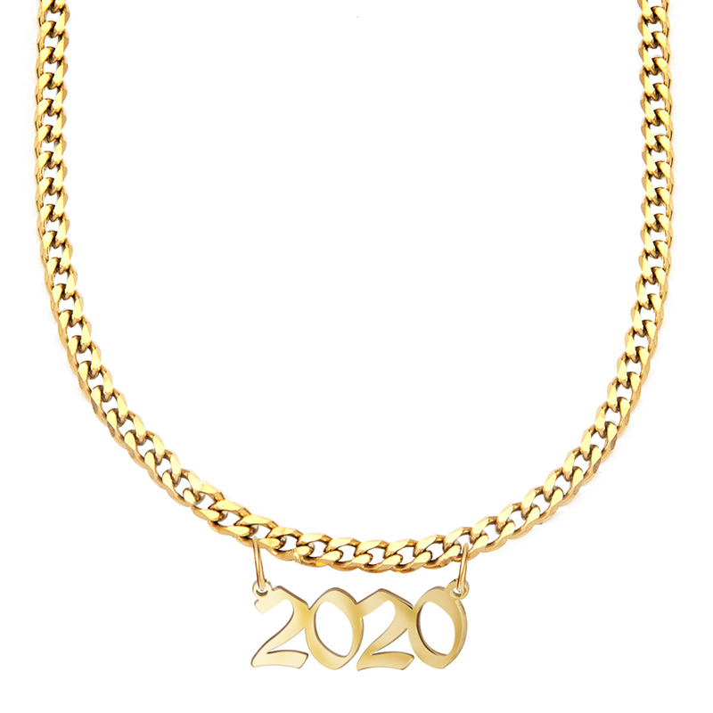 Gold Plated Thick Chain Necklace Titanium Stainless Steel Jewelry Number Pendants
