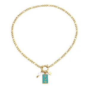 Vintage Steel Pearl Square Pendant Gold Star Necklace