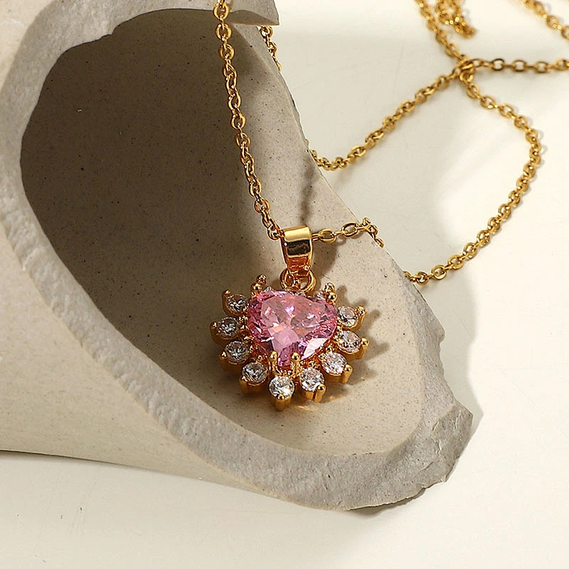 Pink Heart Shaped Cubic Zirconia Pendant Necklace Women