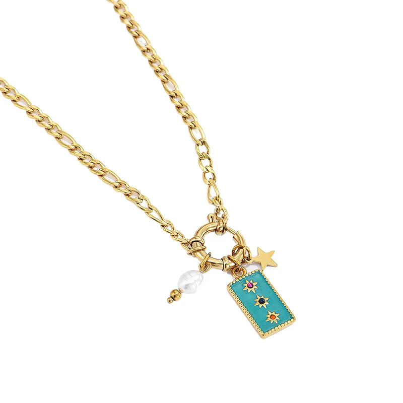 Vintage Steel Pearl Square Pendant Gold Star Necklace