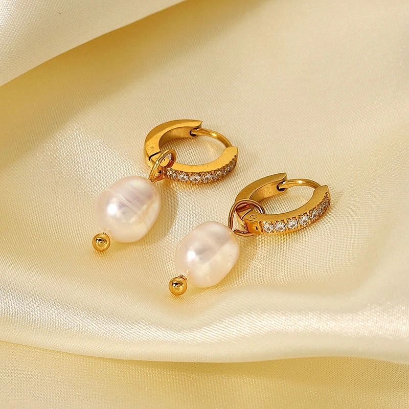Retro Zircon Hoop Earring Freshwater Pearl Drop Earrings