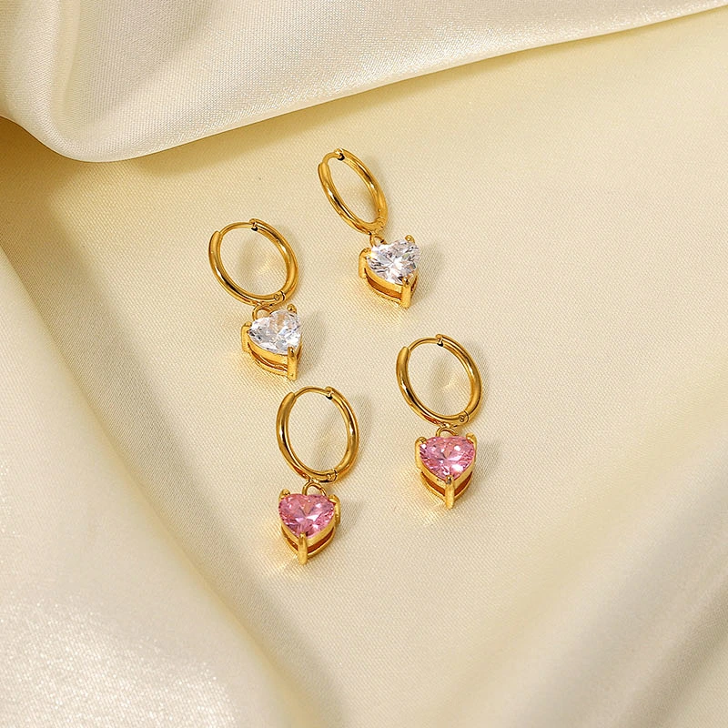 Pink Heart Earrings Cubic Zirconia Drop Earrings Wholesale