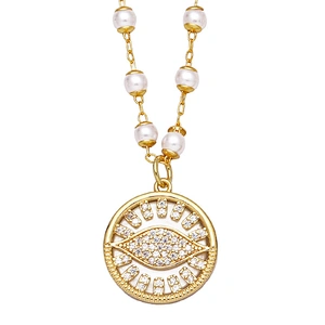 Zirconia Evil Eye Pendant Copper Necklace With Pearl Chain