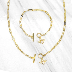 Ins Fashion OT Clasp Jewlry Set Creative Geometric Design Cubic Zirconia Bee Necklace Bracelet