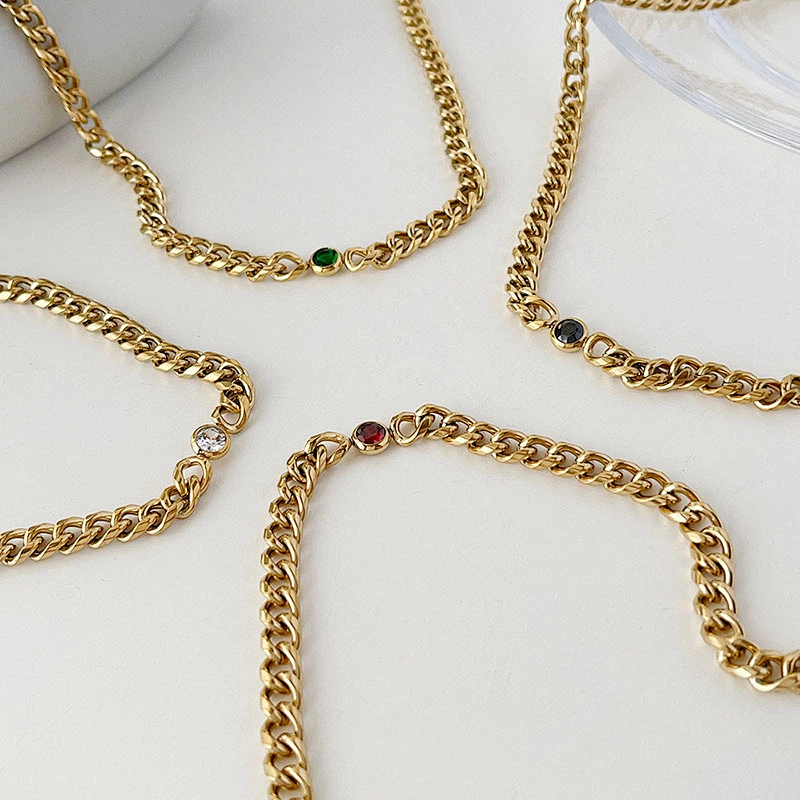 Gold Chain Zircon Titanium Steel Necklace Simple Bracelet Women Set
