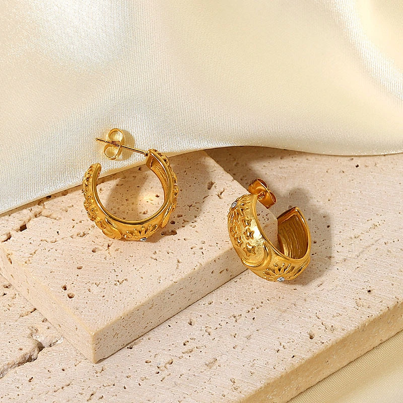 Fashion Cubic Zirconia Embossed Moon Design Stud Earrings
