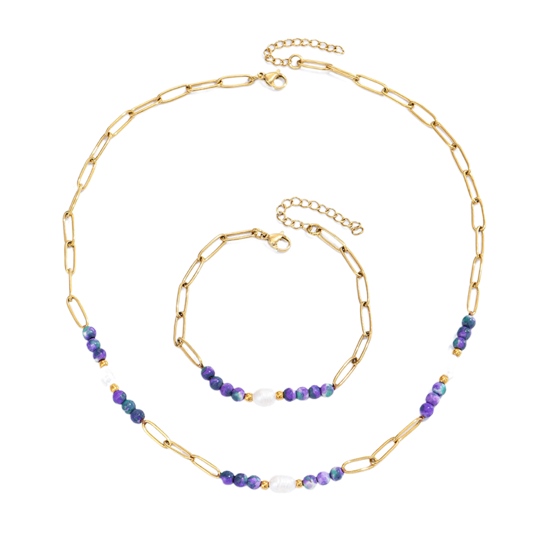 2pcs Purple Beaded Necklace Freshwater Pearl Steel Chain Bracelet Set