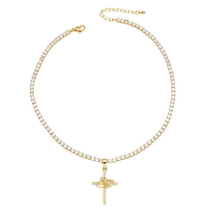 Multicolor Cubic Zirconia Cross Pendant Gold Plated Necklace