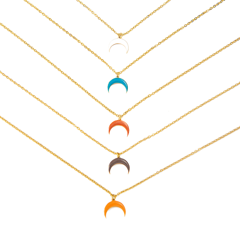 Titanium Steel Necklace Enamel Moon Pendant Gold Plated Chain