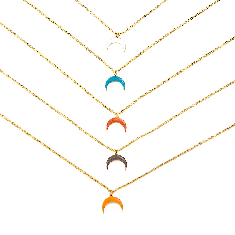 Titanium Steel Necklace Enamel Moon Pendant Gold Plated Chain