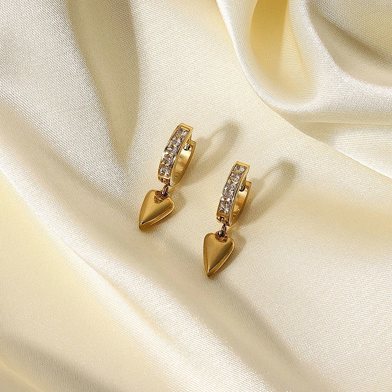 Gold Heart Drop Earrings Stainless Steel Zirconia Earrings