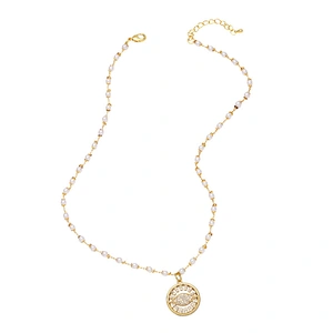 Zirconia Evil Eye Pendant Copper Necklace With Pearl Chain