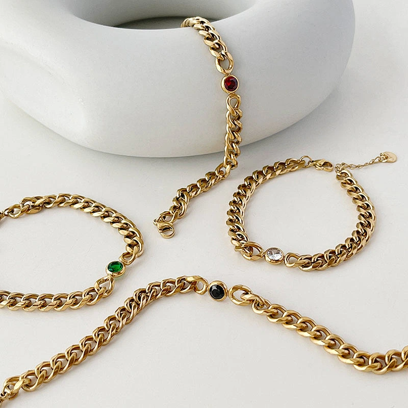 Gold Chain Zircon Titanium Steel Necklace Simple Bracelet Women Set