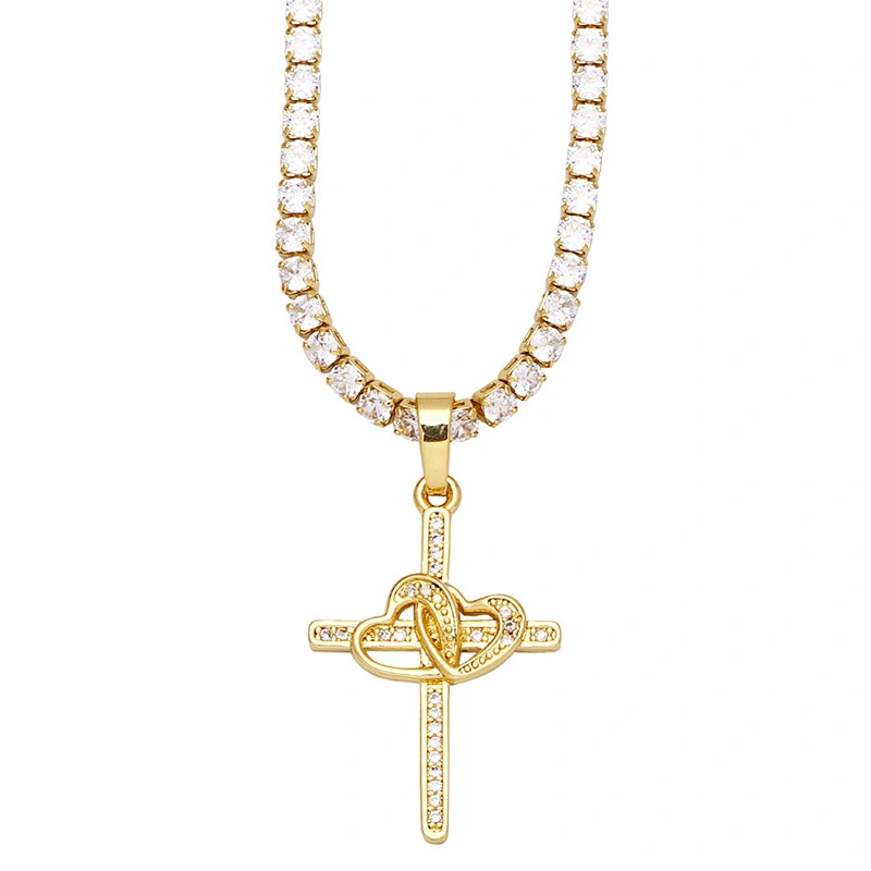 Multicolor Cubic Zirconia Cross Pendant Gold Plated Necklace