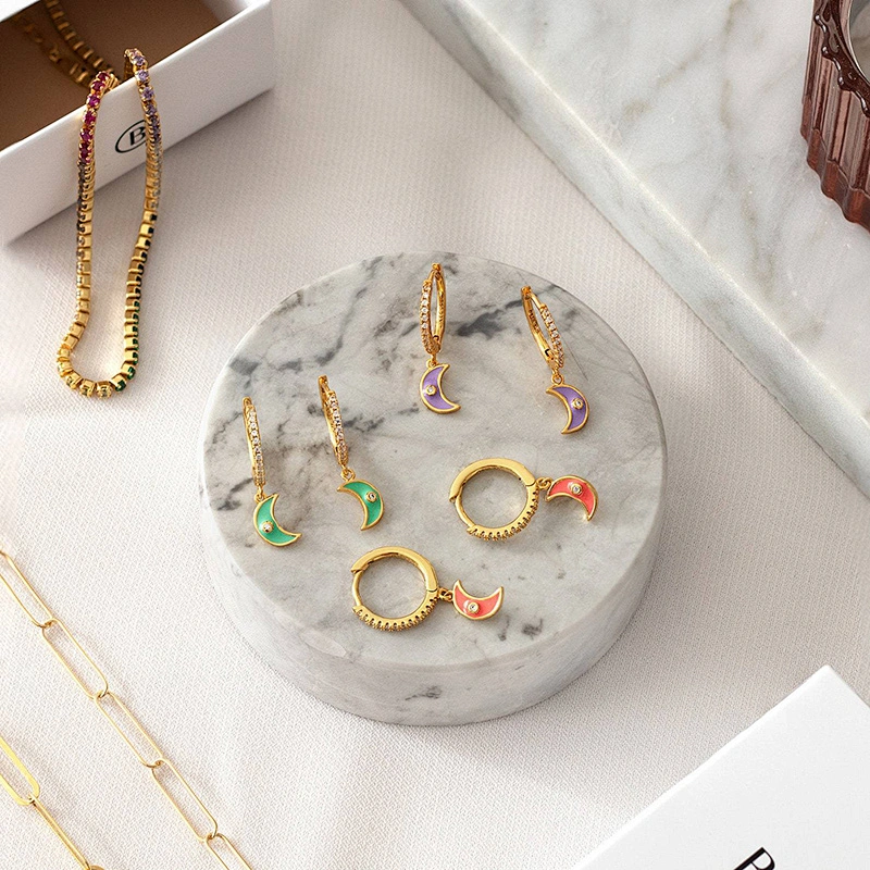Brass Drop Enamel Moon Shape Zirconia Earring Jewelry