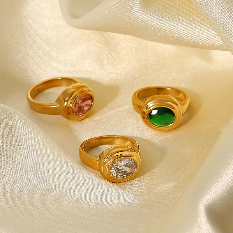 Vintage 18K Gold Plated Stainless Steel Oval Zircon Ring