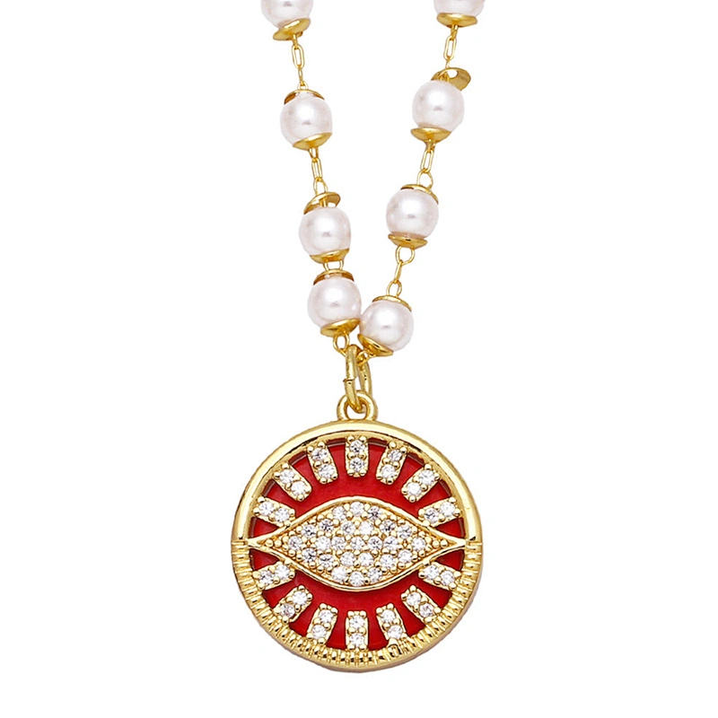 Zirconia Evil Eye Pendant Copper Necklace With Pearl Chain