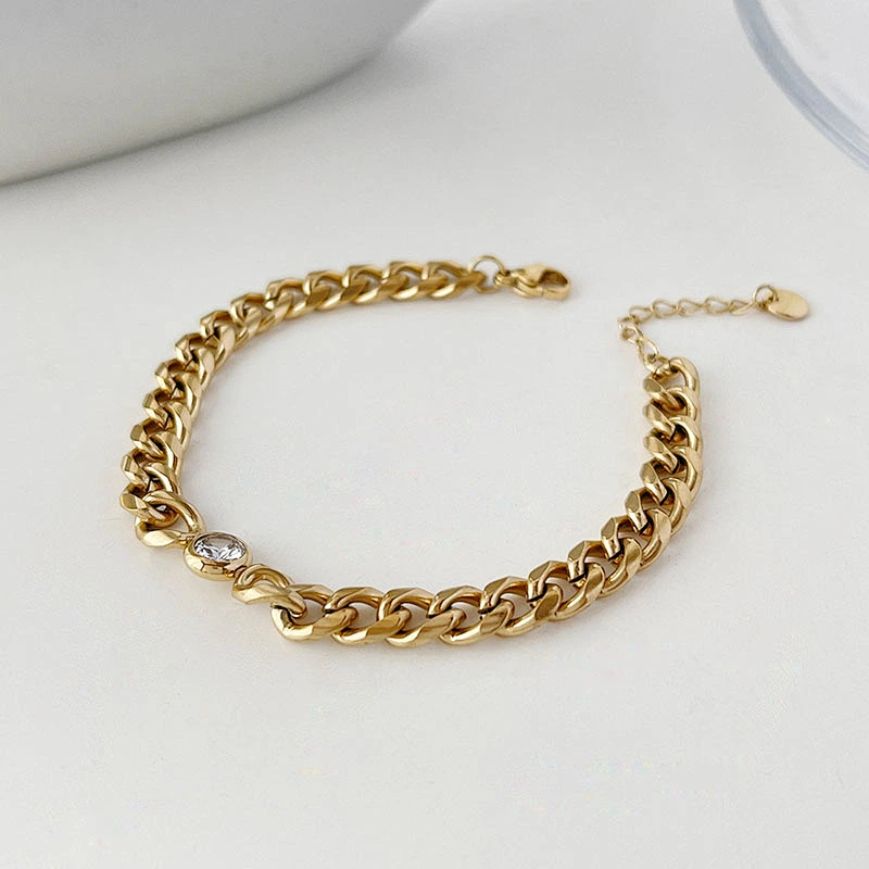 Gold Chain Zircon Titanium Steel Necklace Simple Bracelet Women Set