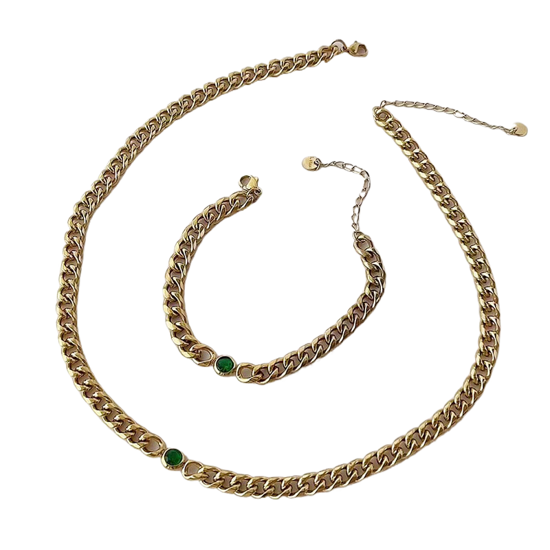 Gold Chain Zircon Titanium Steel Necklace Simple Bracelet Women Set