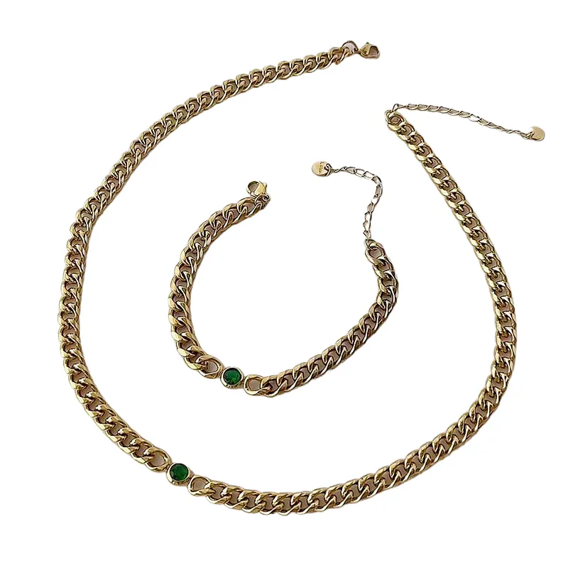 Gold Chain Zircon Titanium Steel Necklace Simple Bracelet Women Set
