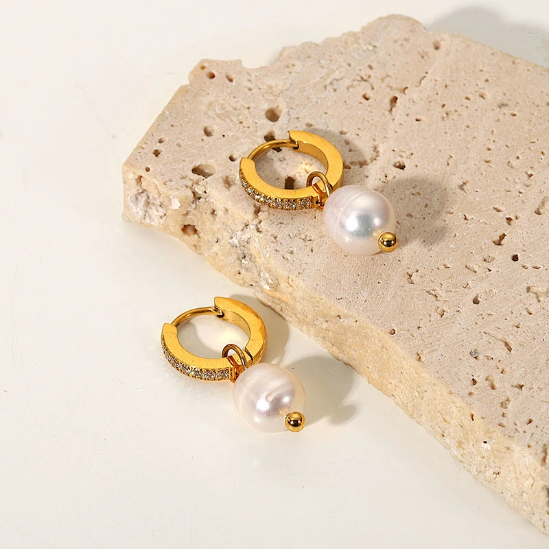 Retro Zircon Hoop Earring Freshwater Pearl Drop Earrings