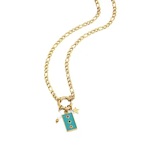 Vintage Steel Pearl Square Pendant Gold Star Necklace