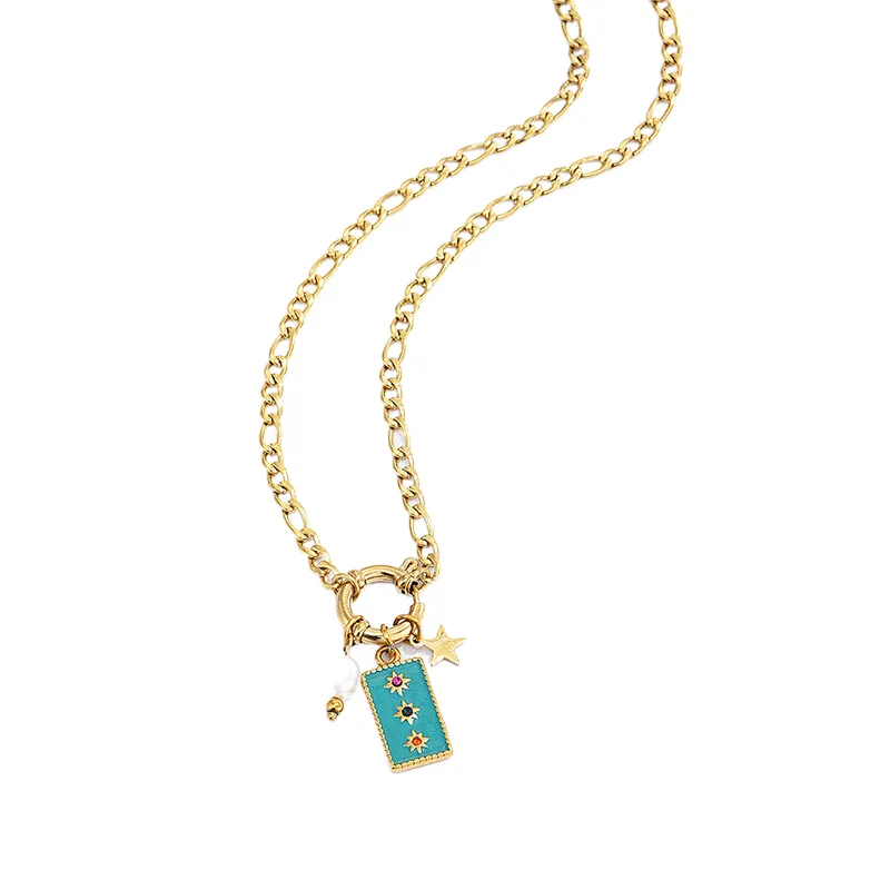 Vintage Steel Pearl Square Pendant Gold Star Necklace