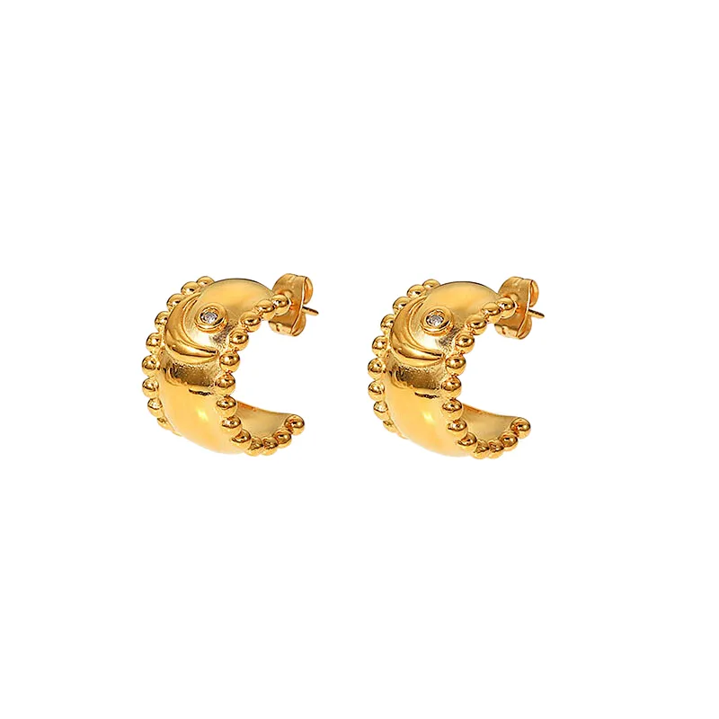 Gold Basic Stud Earring Embossed Design Zircon Earrings