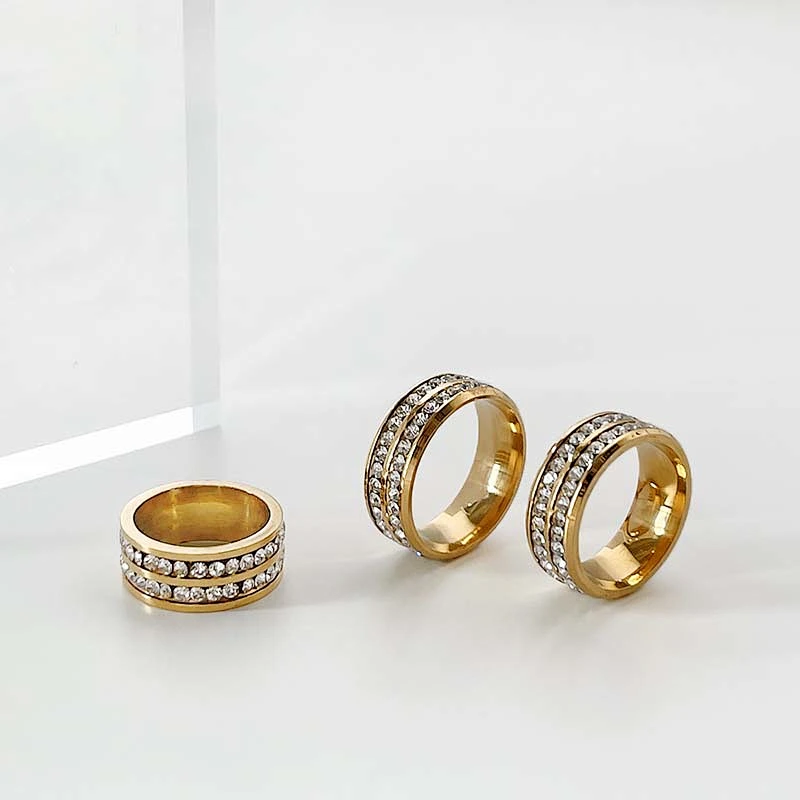 Gold Plated Double Row Rhinestone Stainless Steel Ring