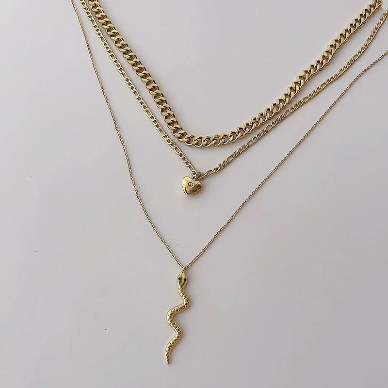 Simple Heart Zircon Pendant Necklace Snake Pendant Multilayer Necklace
