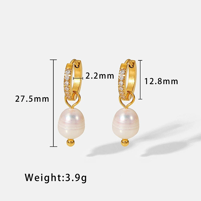 Retro Zircon Hoop Earring Freshwater Pearl Drop Earrings