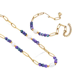 2pcs Purple Beaded Necklace Freshwater Pearl Steel Chain Bracelet Set