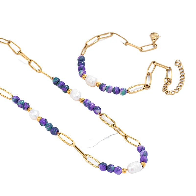 2pcs Purple Beaded Necklace Freshwater Pearl Steel Chain Bracelet Set
