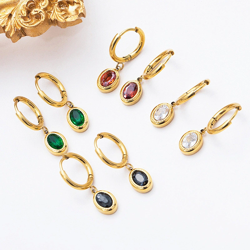 Stainless Steel Oval Pendant Emerald Zircon Hoop Earrings