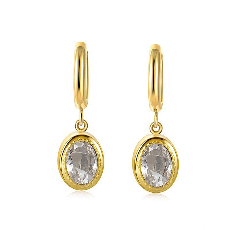 Stainless Steel Oval Pendant Emerald Zircon Hoop Earrings
