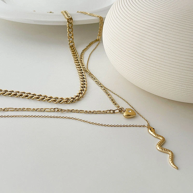 Simple Heart Zircon Pendant Necklace Snake Pendant Multilayer Necklace