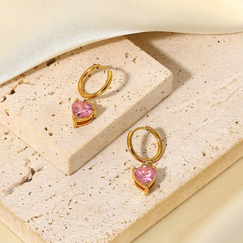 Pink Heart Earrings Cubic Zirconia Drop Earrings Wholesale