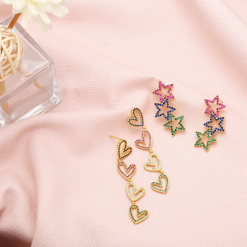 Heart Star Gold Plated Copper CZ Stone Women Girls Earrings
