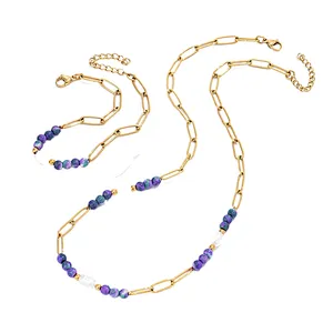 2pcs Purple Beaded Necklace Freshwater Pearl Steel Chain Bracelet Set