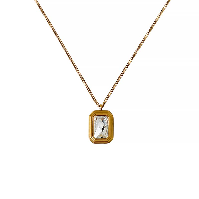 Stainless Steel Square Crystal Glass Pendant Necklace