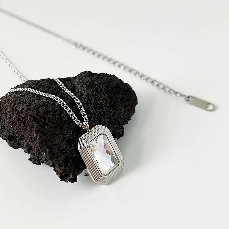 Stainless Steel Square Crystal Glass Pendant Necklace
