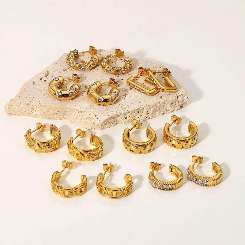 Fashion Zircon C Shape Earrings Stainless Steel Earrings Set