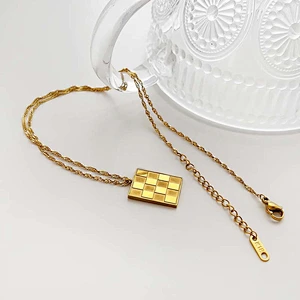 Stainless Steel Checkerboard Small Square Necklace
