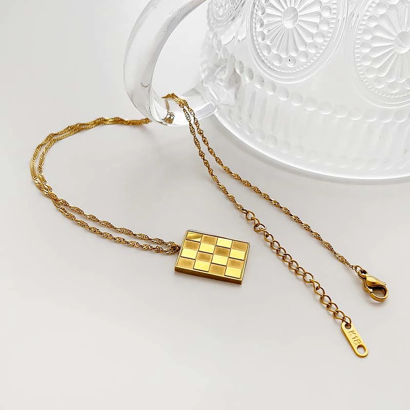 Stainless Steel Checkerboard Small Square Necklace