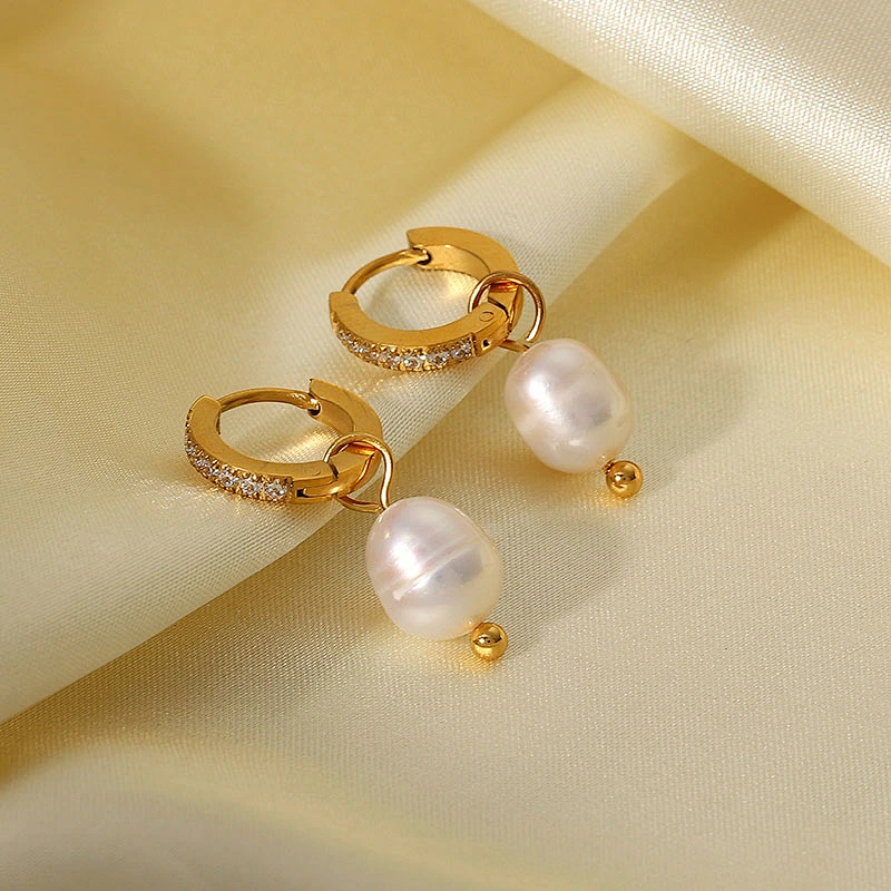 Retro Zircon Hoop Earring Freshwater Pearl Drop Earrings