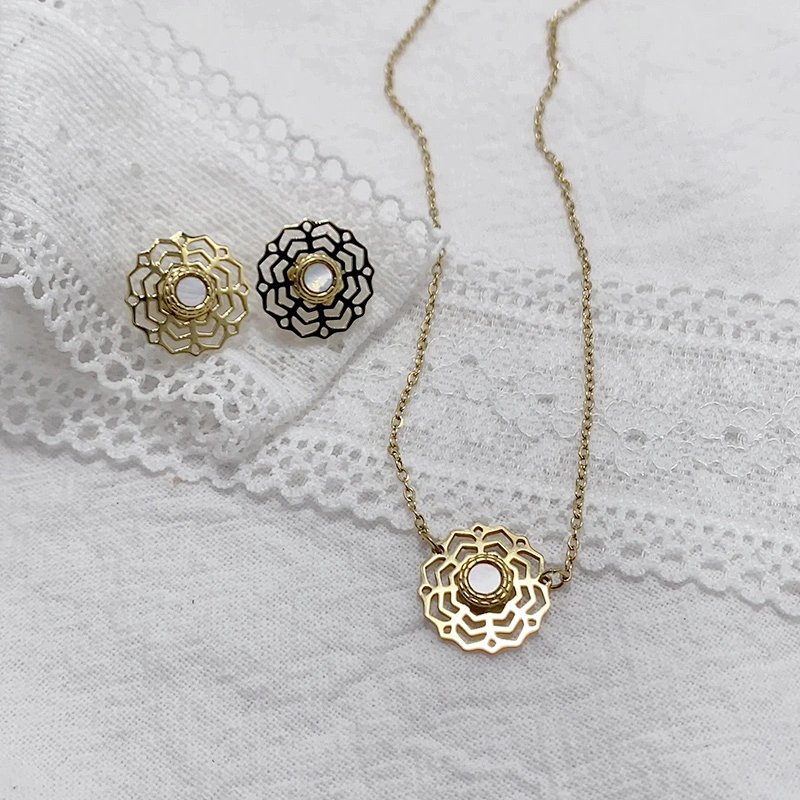 Hollow Flower Stud Earrings Set Vintage Steel Necklace
