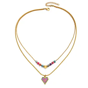 Colorful Beads Double Layer Heart Pendant Necklace