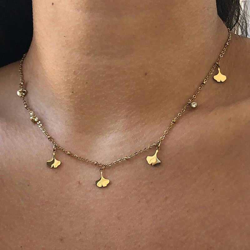 Chain Women Stainless Steel Ginkgo Biloba Pendants Necklace